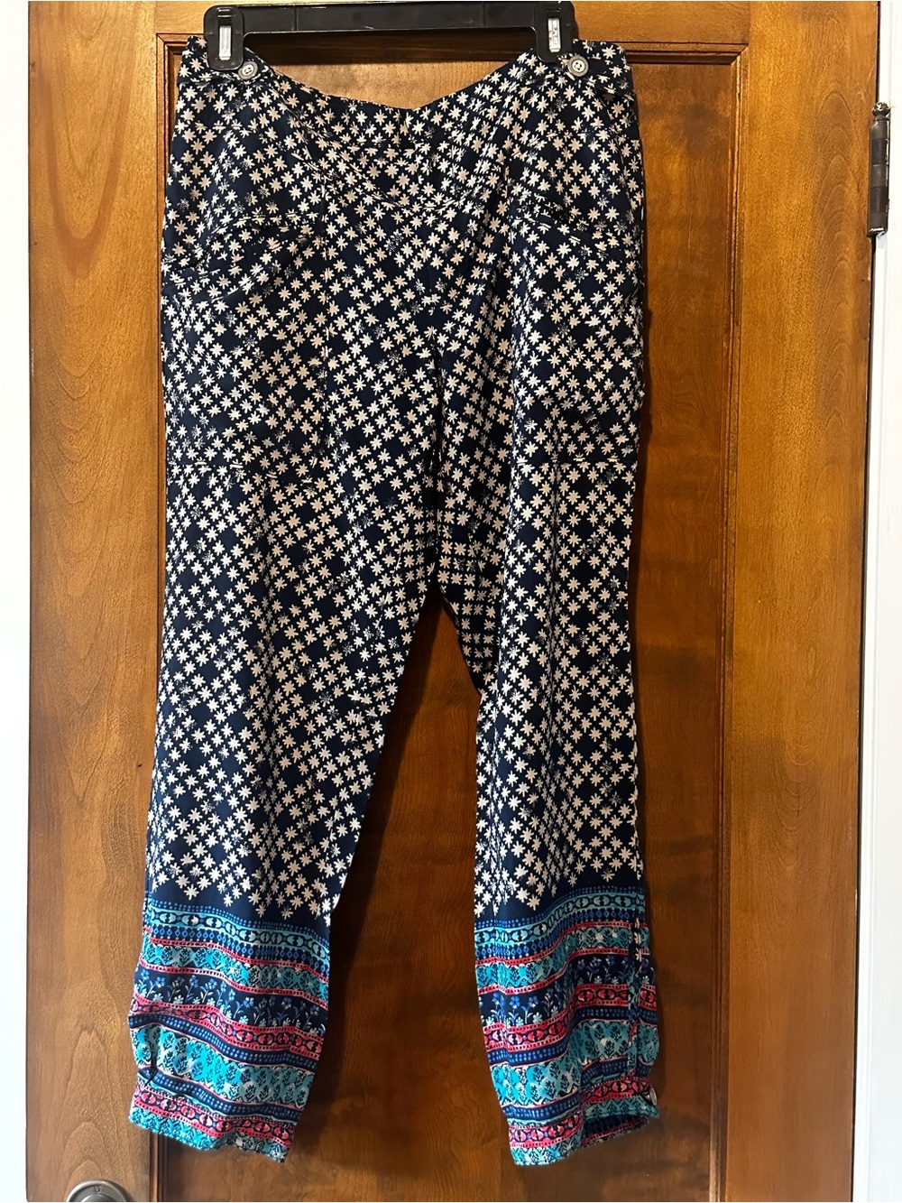 Anthropologie Elevenses Printed Boho Cropped Pants Navy Border Hem Size 10